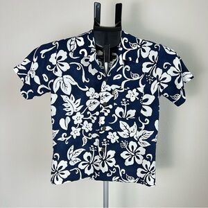 Vintage Pineapple Connection Boys Hawaiian Shirt Blue White Floral Rayon Size 6
